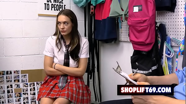 Hot brunette coed in uniform gets her curvy ass fucked from behind by the security guard