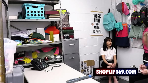 Skinny brunette babe Aria Valencia gets her pussy railed by the security guard for stealing a perfume bottle